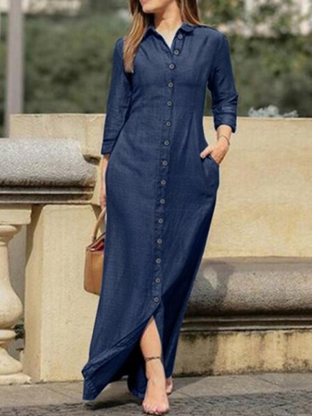 Lapel Cardigan Solid Color Dress