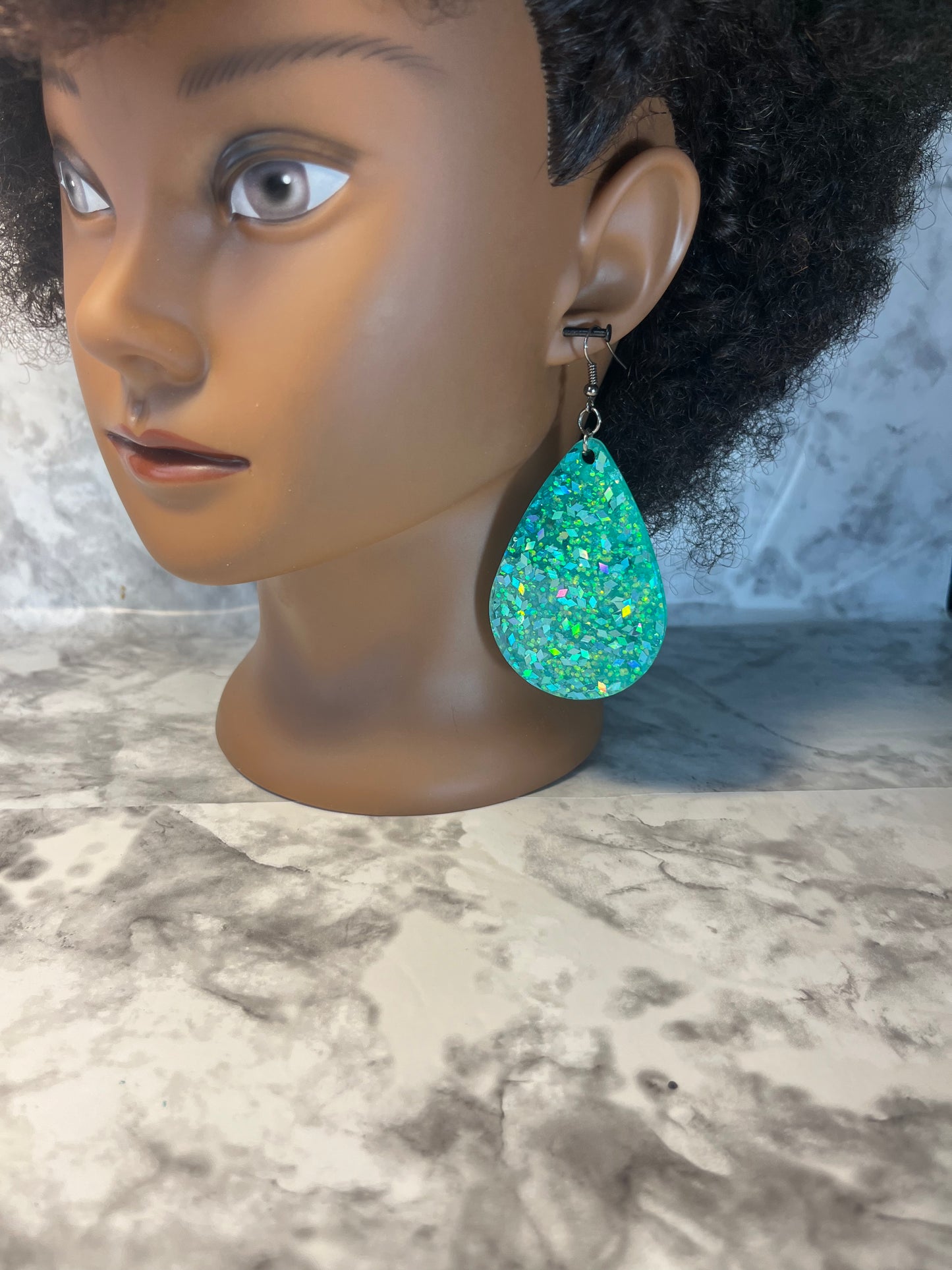 Pre-Made Teal Sparkle Hand Crafted Tear Drop Earrings