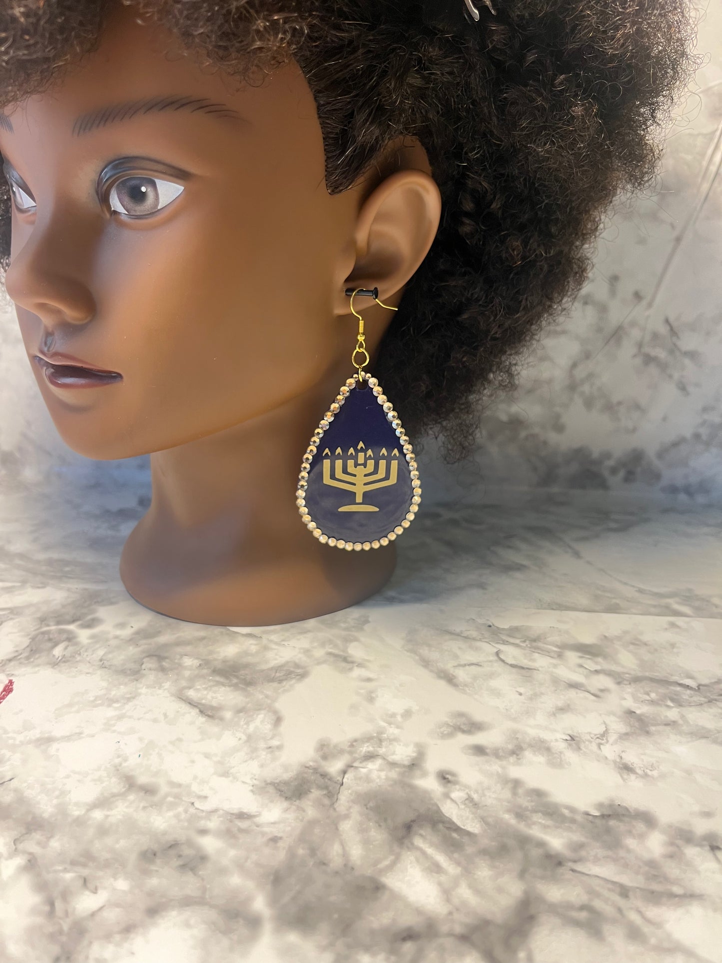Pre-Made Purple and Gold Menorah Tear Drop Earrings