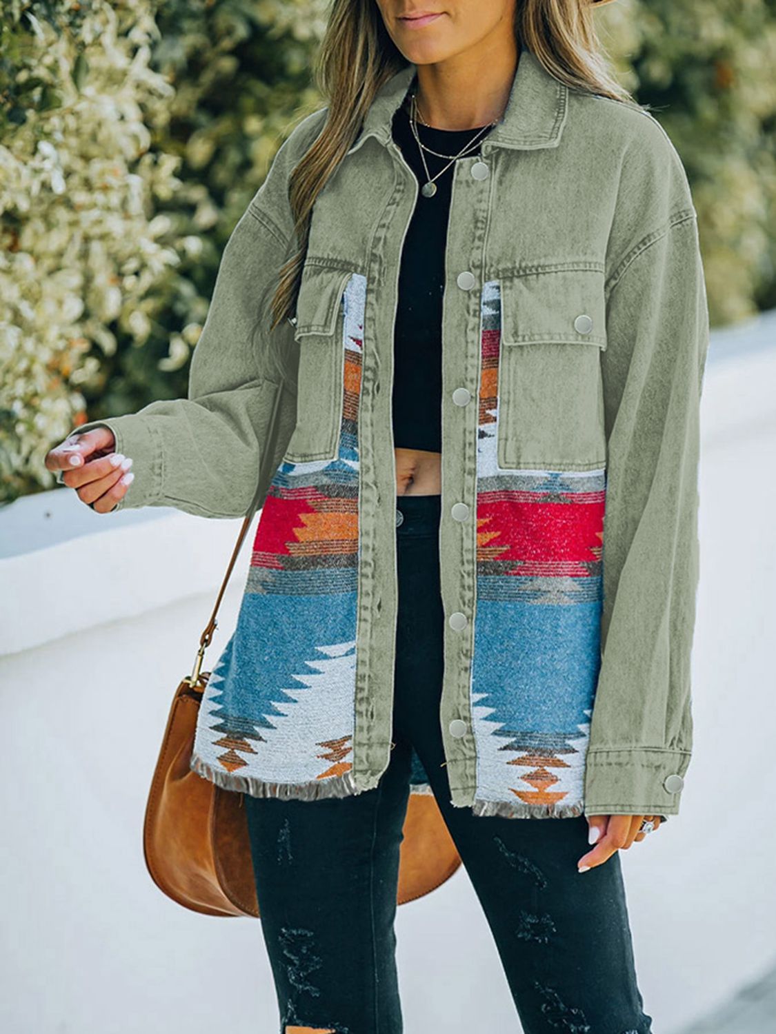 Dropped Shoulder Long Sleeve Tribal Printed Denim Jacket