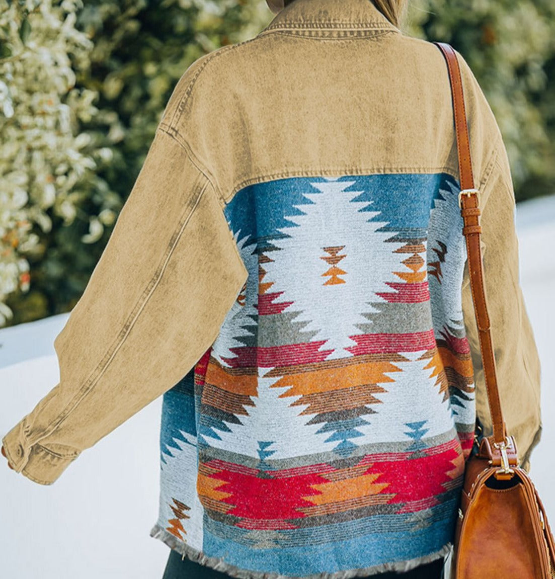 Dropped Shoulder Long Sleeve Tribal Printed Denim Jacket