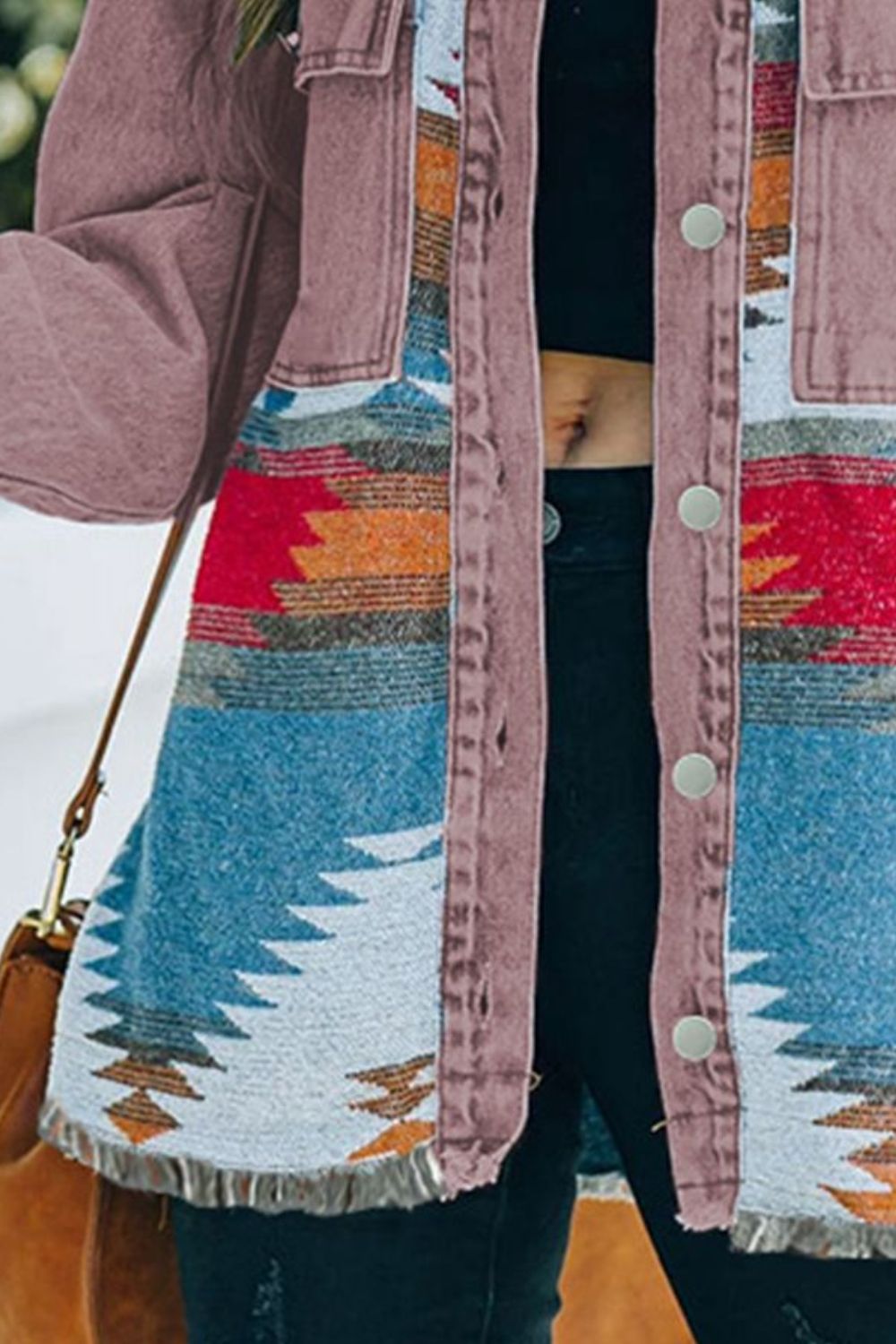 Dropped Shoulder Long Sleeve Tribal Printed Denim Jacket