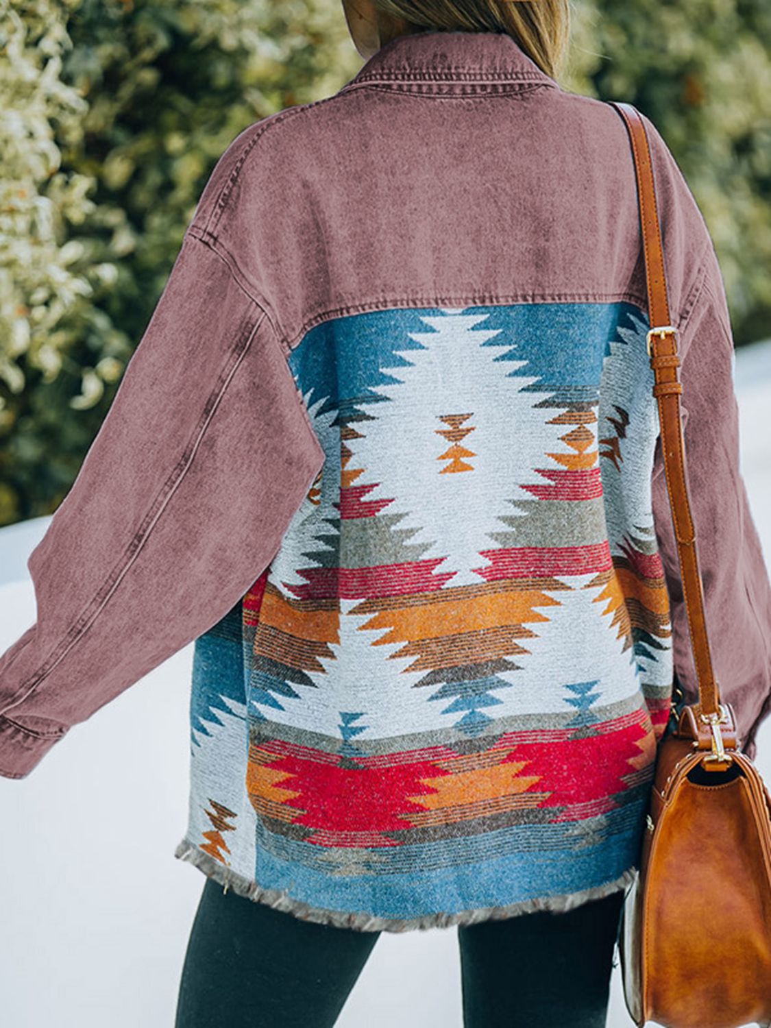 Dropped Shoulder Long Sleeve Tribal Printed Denim Jacket