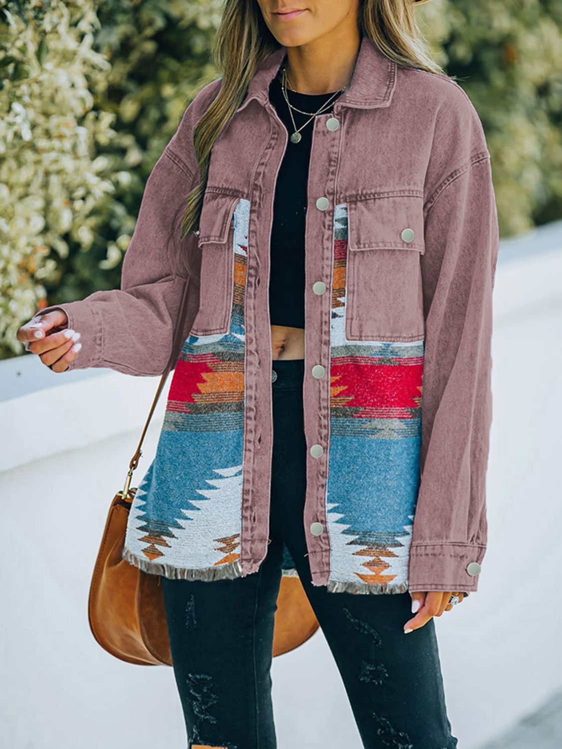 Dropped Shoulder Long Sleeve Tribal Printed Denim Jacket