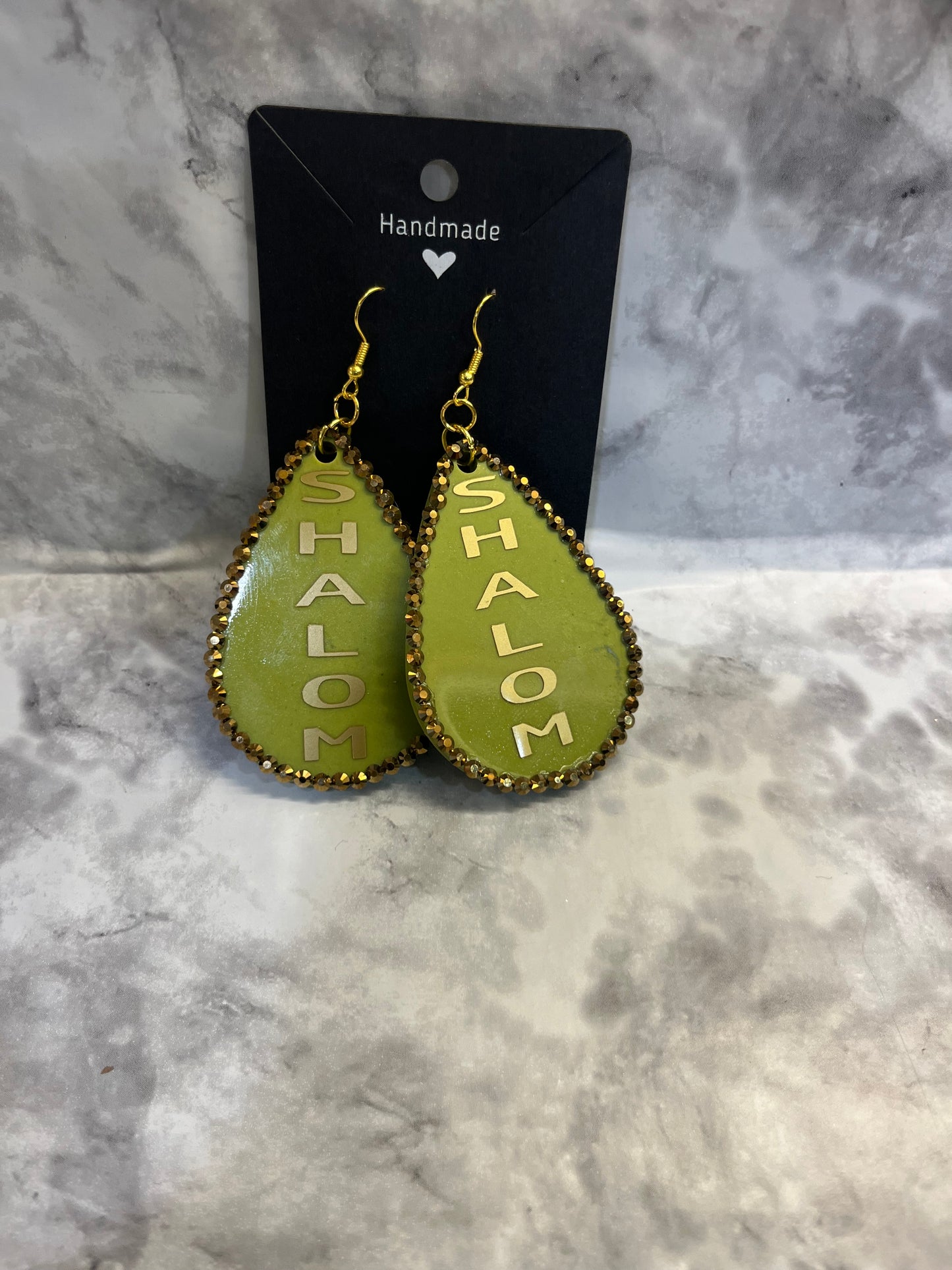 Light Olive Green Shalom with Gems Pre-Made Hand Crafted Tear Drop Earrings