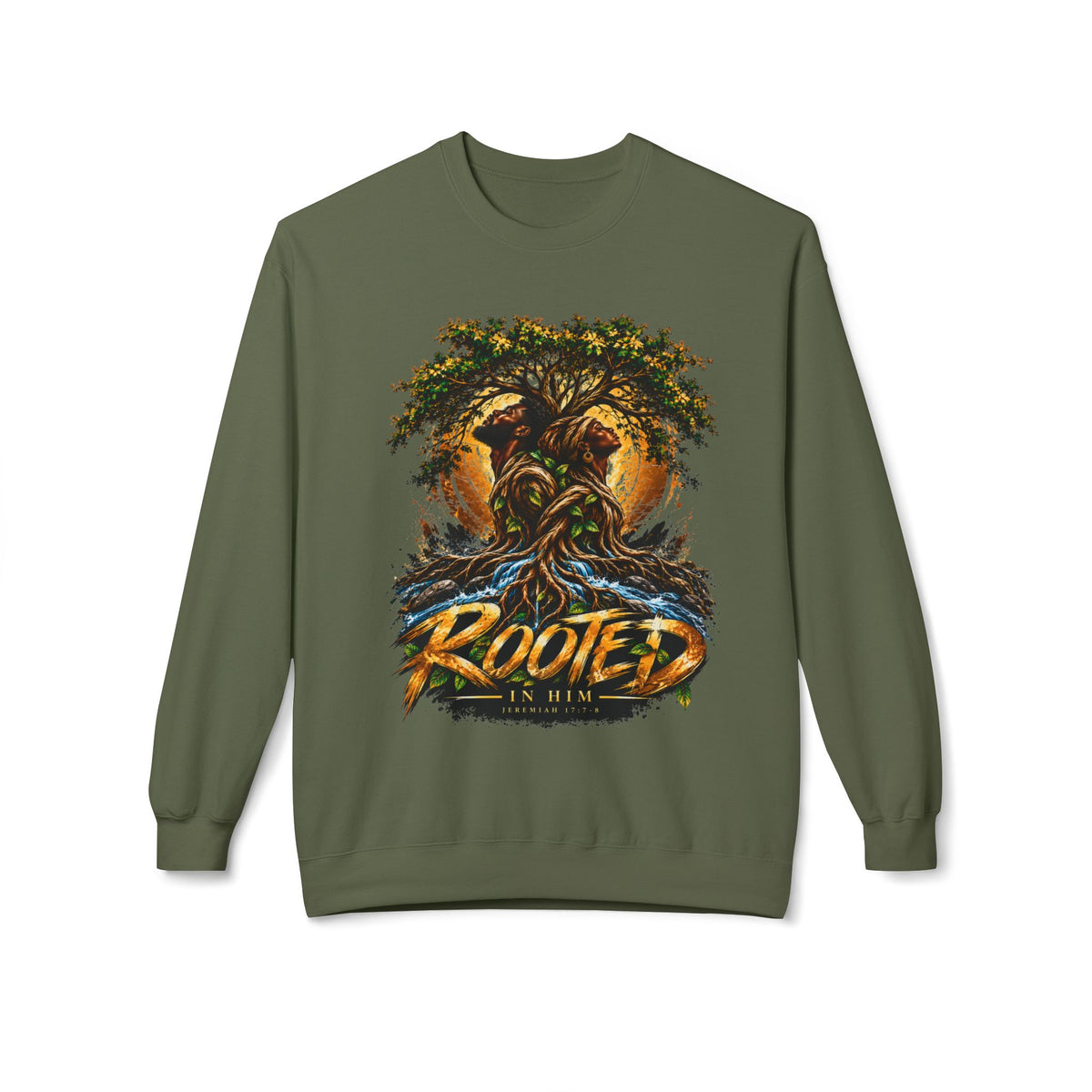 Rooted in HimCrewneck Sweatshirt — Jeremiah 17:7-8 Biblically Inspired 'Rooted' Graphic Pullover