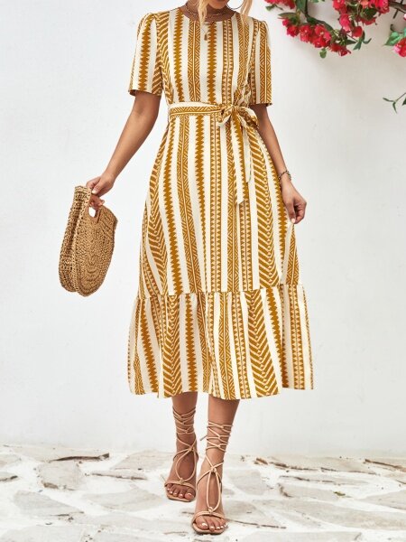Wheat Printed Bubble Sleeve Loose Dress.