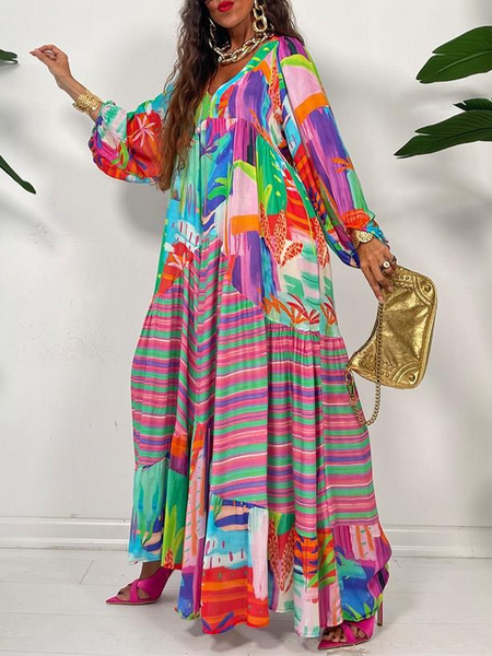 Loose V Neck Printed Long Sleeve Dress