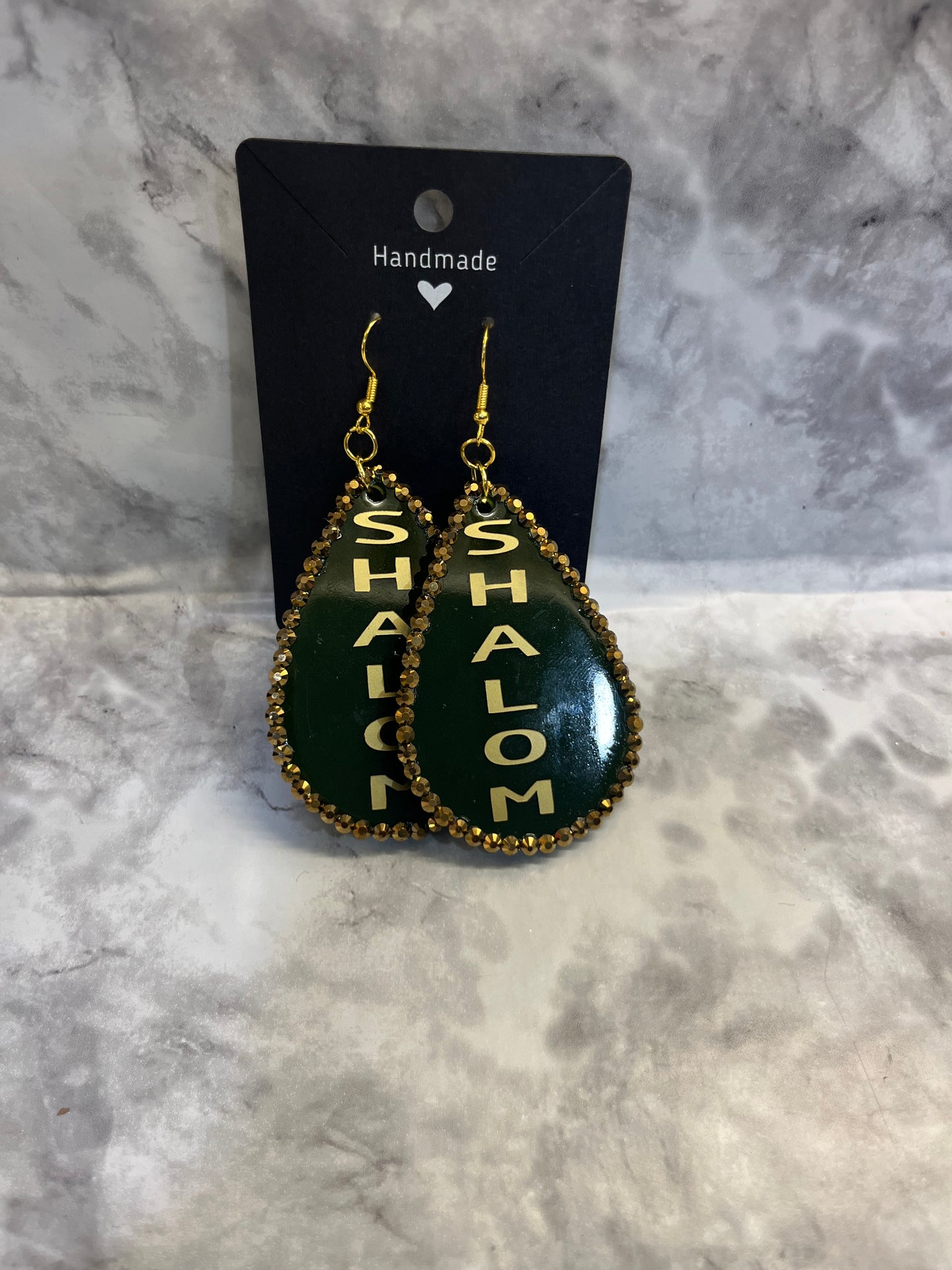 Dark Olive Green Shalom with Gems Pre-Made Hand Crafted Tear Drop Earrings