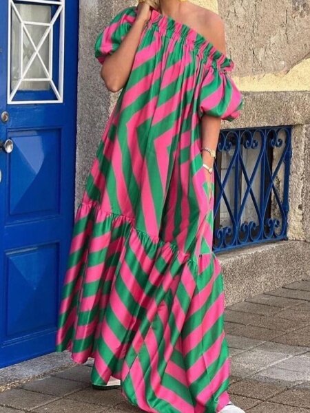 Muumuu Style Loose One-Shoulder Printed Dress