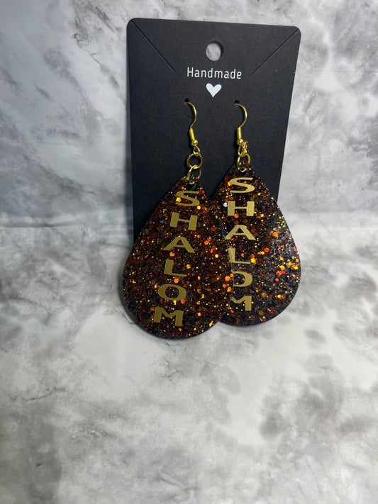 Amber Glitter  Shalom Pre-Made Hand Crafted Tear Drop Earrings