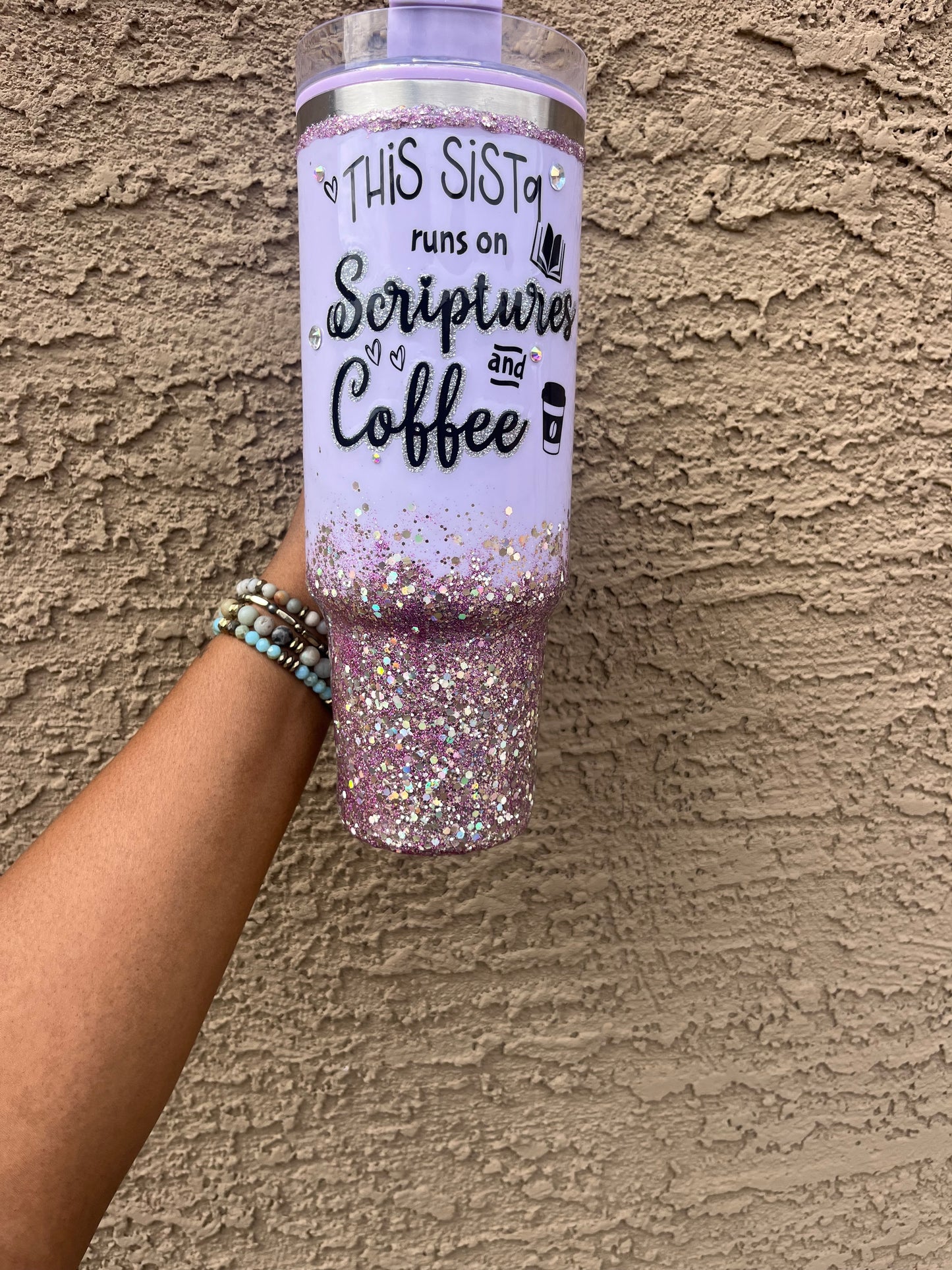 Custom Pink and Purple Glitter This Sista runs on Scriptures and Coffee 40oz Tumbler with handle