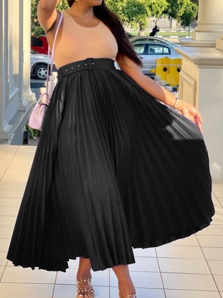 High Waist Pressure Pleated Temperament Sag Skirt With Belt