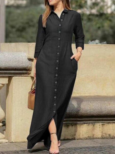 Lapel Cardigan Solid Color Dress