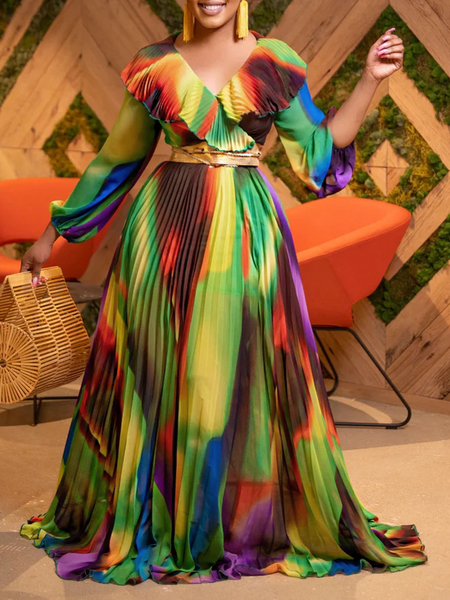 V-neck Long-Sleeved Pleated Maxi Dress(Belt Not Included) HW5NN6SM74