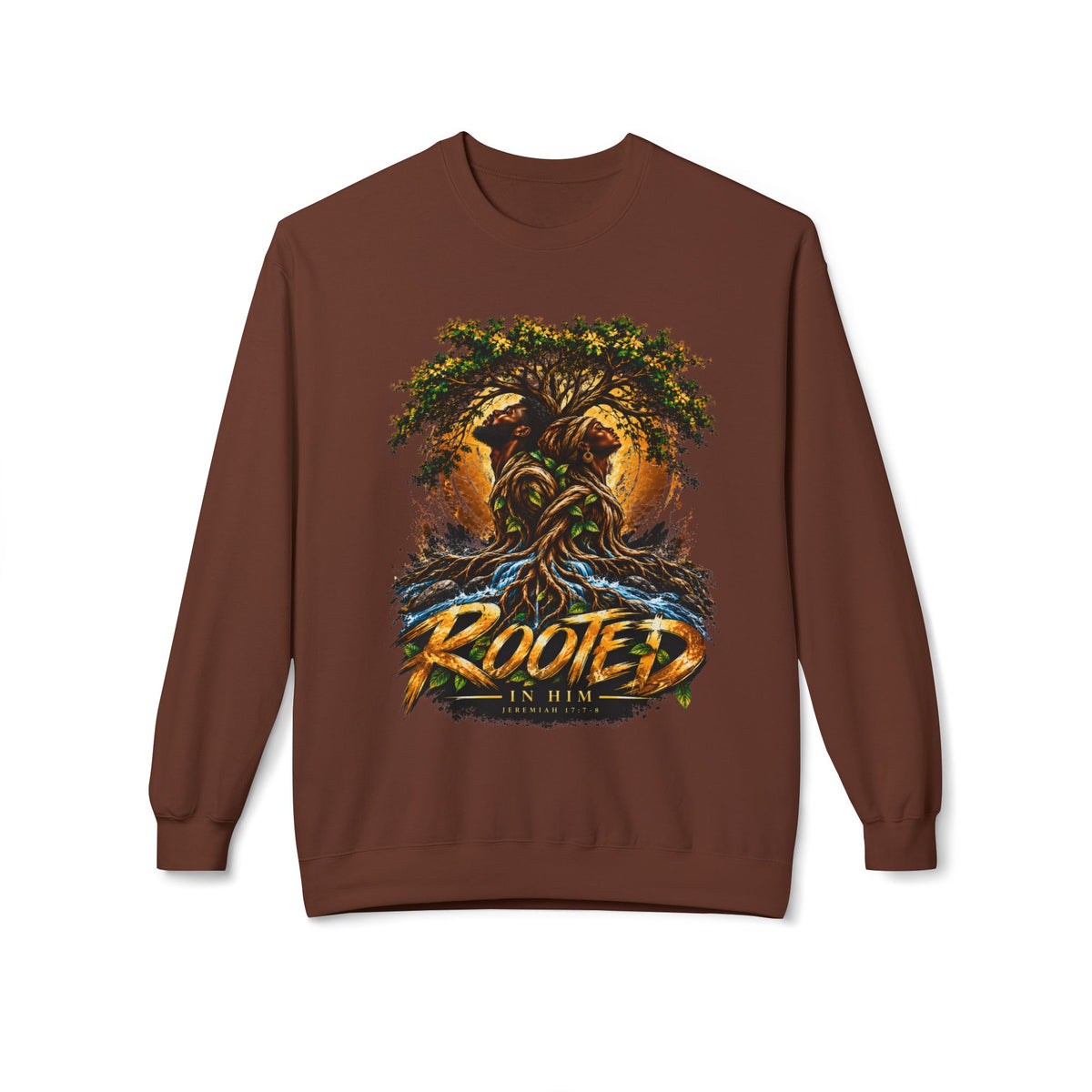 Rooted in HimCrewneck Sweatshirt — Jeremiah 17:7-8 Biblically Inspired 'Rooted' Graphic Pullover