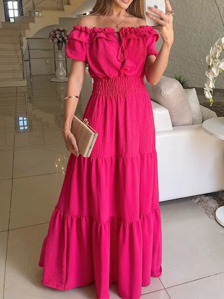 Off Shoulder Short Sleeve Long Dress