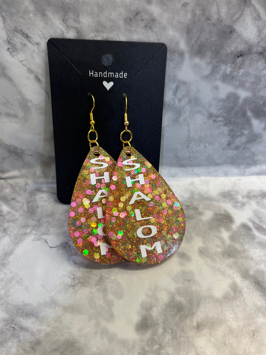 Pink and Yellow Colorful Glitter  Shalom Pre-Made Hand Crafted Tear Drop Earrings