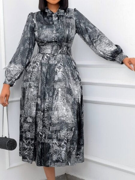 High-Waisted Printed Dress With Belt Plus Size