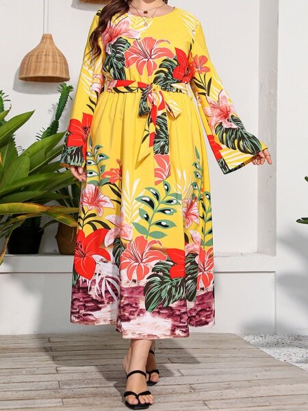 Plus Size Tropical floral print waist slimming long dress