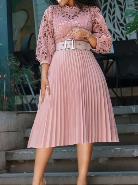 Lace Hook Flower  Hollowed Out Pleated Dress