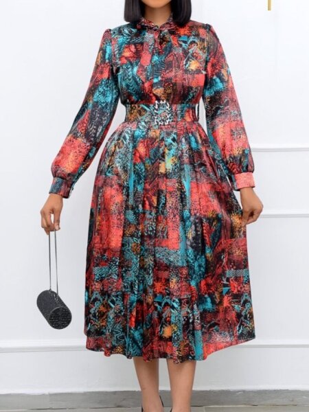 High-Waisted Printed Dress With Belt Plus Size