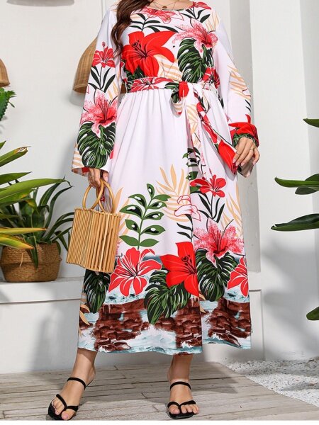 Plus Size Tropical floral print waist slimming long dress