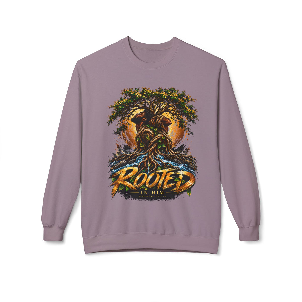 Rooted in HimCrewneck Sweatshirt — Jeremiah 17:7-8 Biblically Inspired 'Rooted' Graphic Pullover
