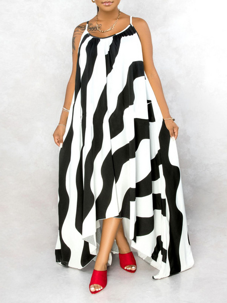 Casual Stripe Print Irregular Sling Dress