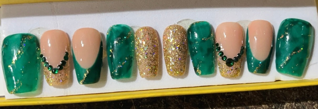Emerald Green and Gold Custom Press on set