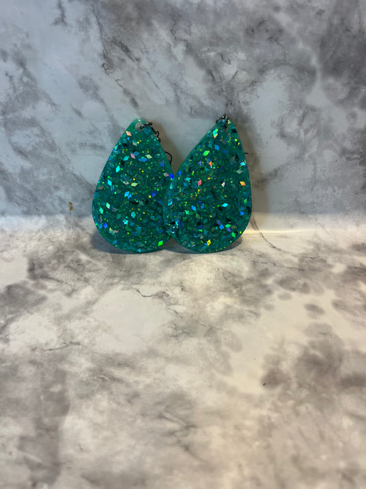 Pre-Made Teal Sparkle Hand Crafted Tear Drop Earrings