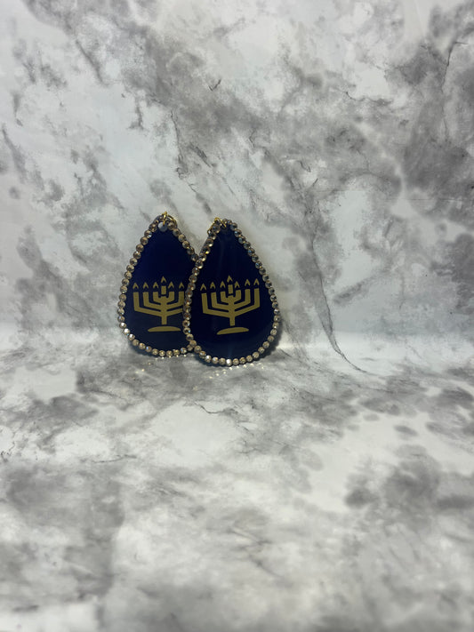 Pre-Made Purple and Gold Menorah Tear Drop Earrings