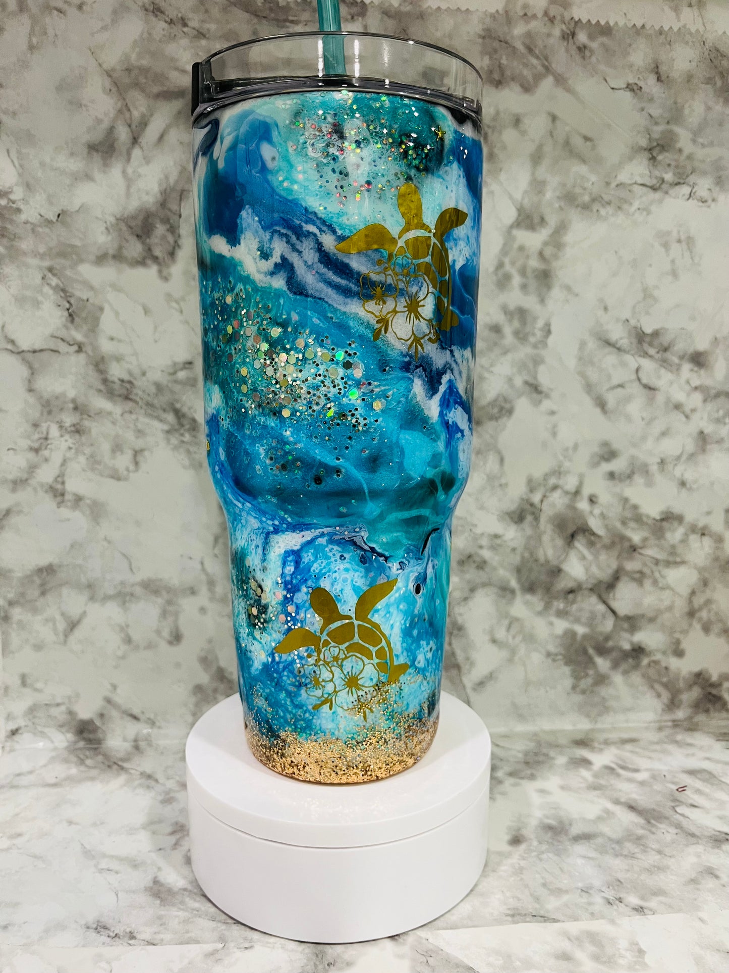 Oceanic 40 oz Tumbler, Ready To Ship, Ink Drop Base, Glitter Accent