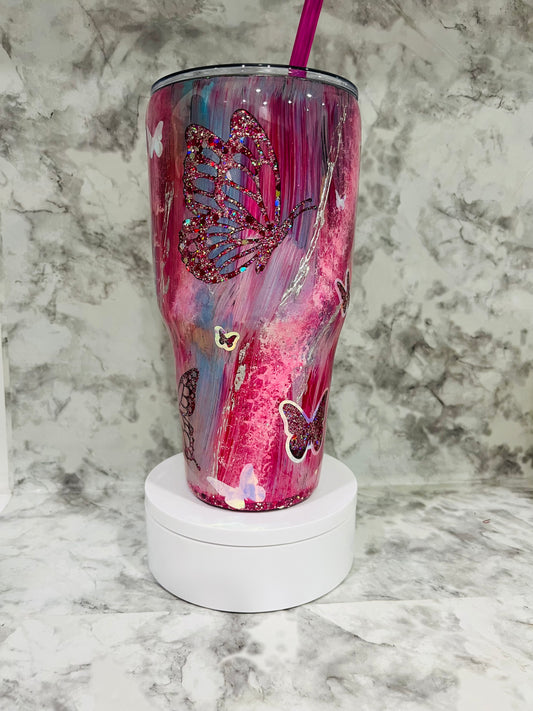 Abstract Peek-A-Boo Butterfly 30oz Curved Tumbler, Ready To Ship, Painted Base , Glitter Accent