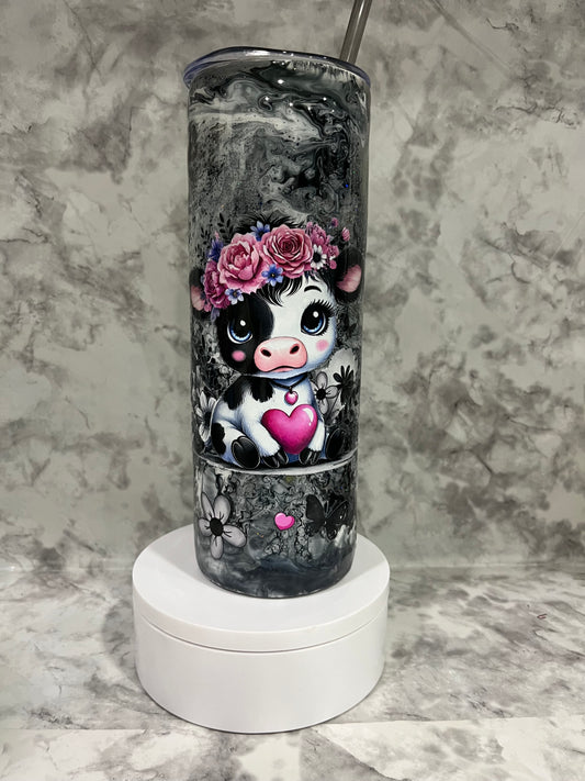 Baby Cow, Black & White 20 oz Straight Tumbler, Ready To Ship,Ink Drop, Glitter Accent