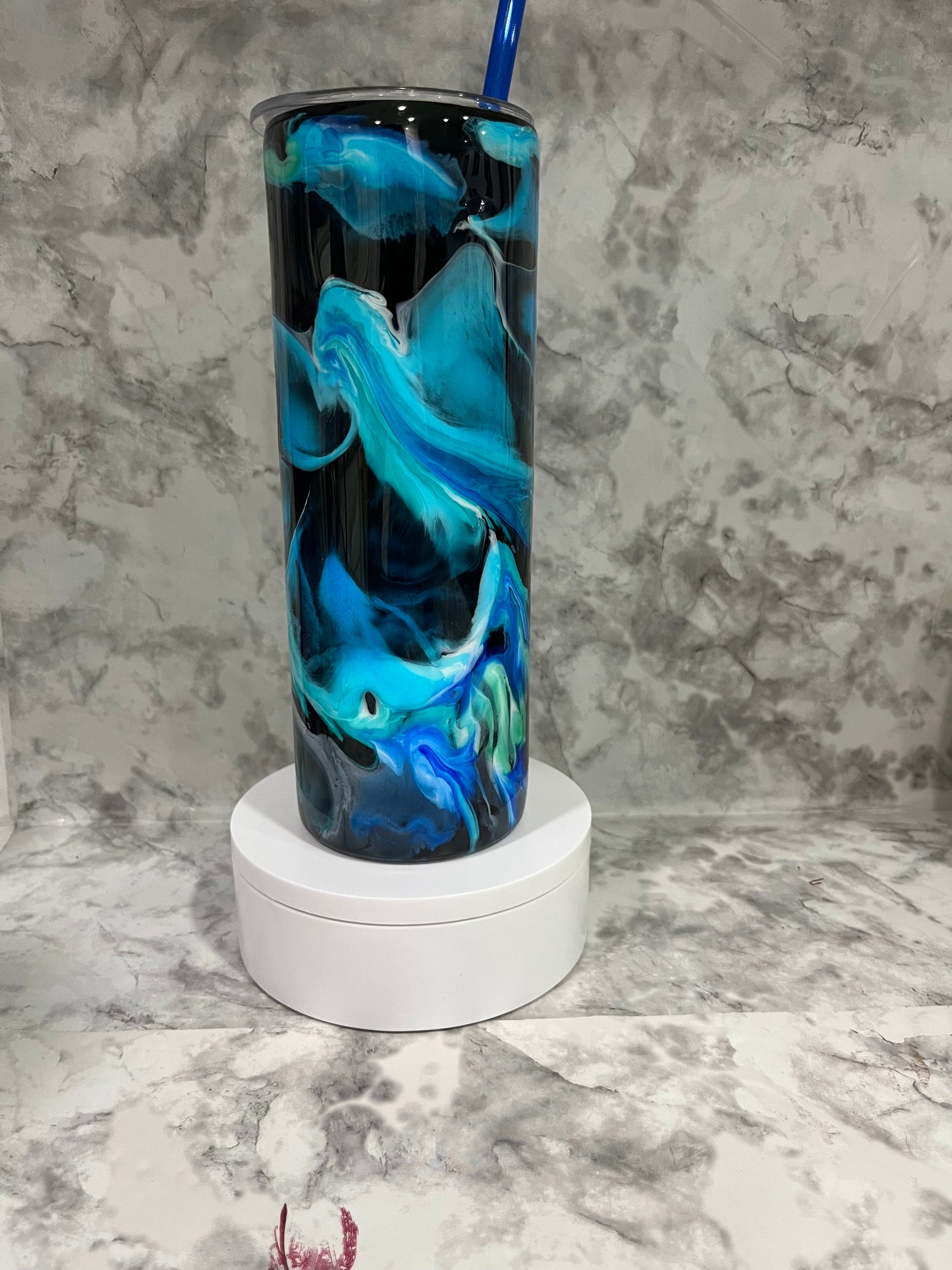 Black With Blue Marble Accent 20 oz Straight Tumbler, Ready To Ship,Ink Drop