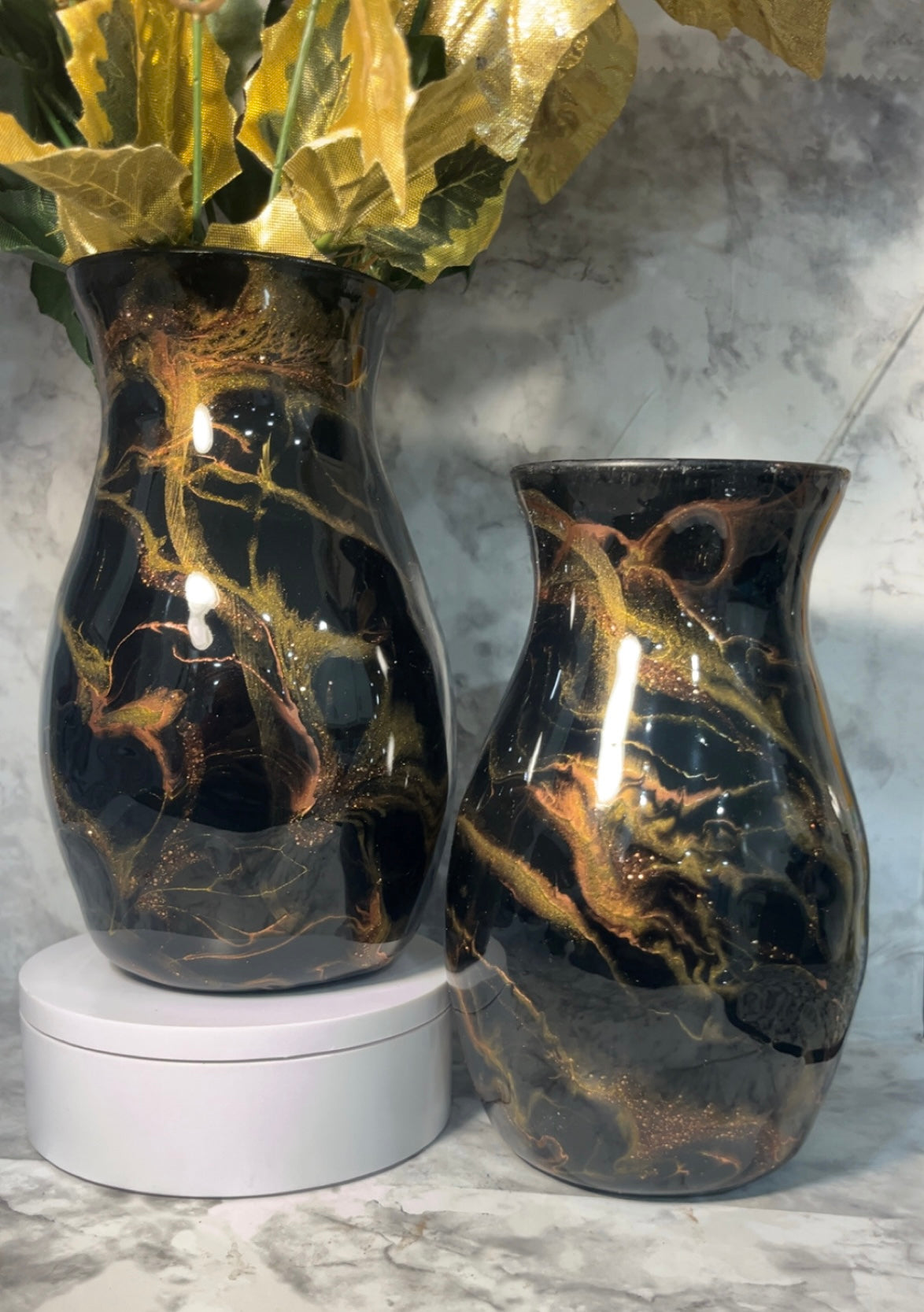 Luxury Black and Gold Marble-Inspired Vase 7” – Unique Custom Home Accent -can be sold as set or individually-