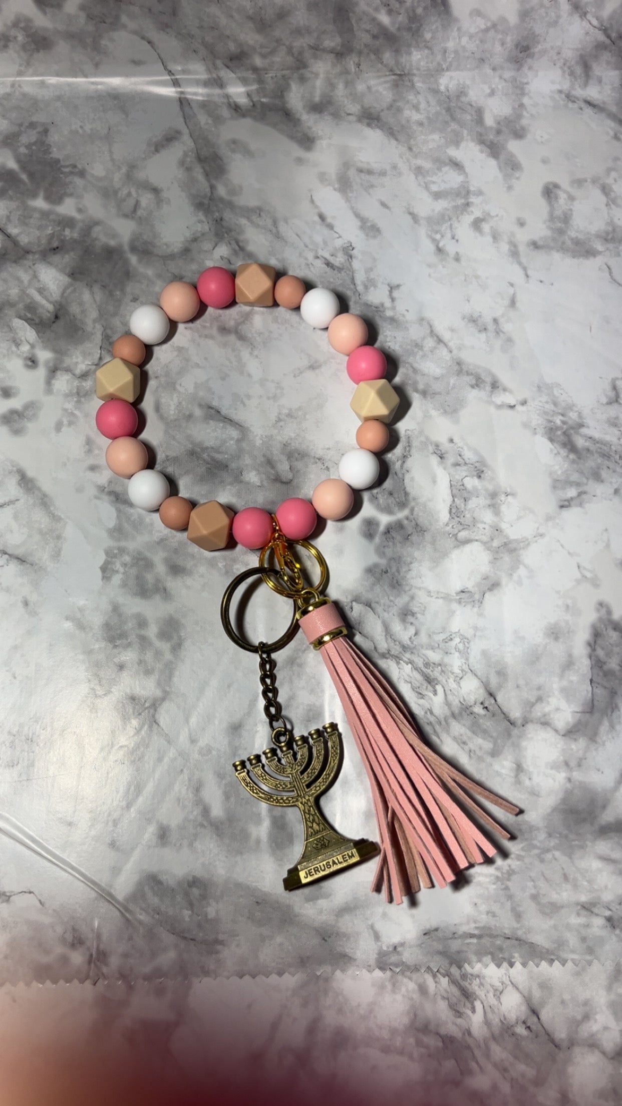 Pink and Nude Shades Wristlet with Jerusalem Keychain 13 15/16 inch Non-Stretchy Beaded Tassel Accessory for Versatile Use as Purse Charm Wallet Holder Keychain Organizer