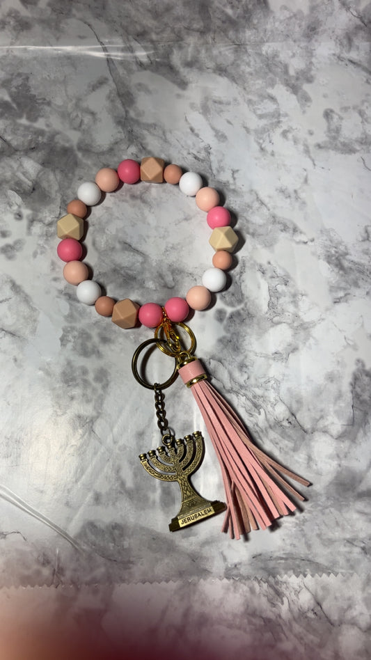 Pink and Nude Shades Wristlet with Jerusalem Keychain 13 15/16 inch Non-Stretchy Beaded Tassel Accessory for Versatile Use as Purse Charm Wallet Holder Keychain Organizer