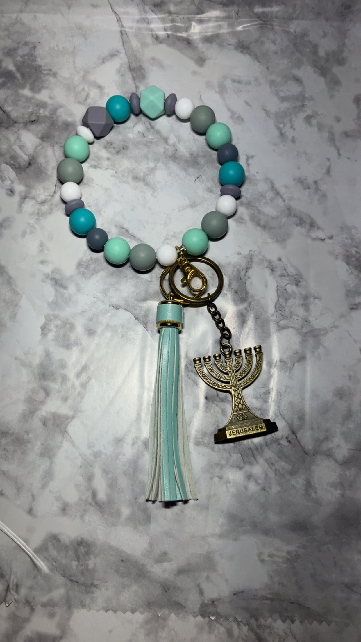 Teal and Gray Shades Wristlet with Jerusalem Keychain 13 15/16 inch Non-Stretchy Beaded Tassel Accessory for Versatile Use as Purse Charm Wallet Holder Keychain Organizer