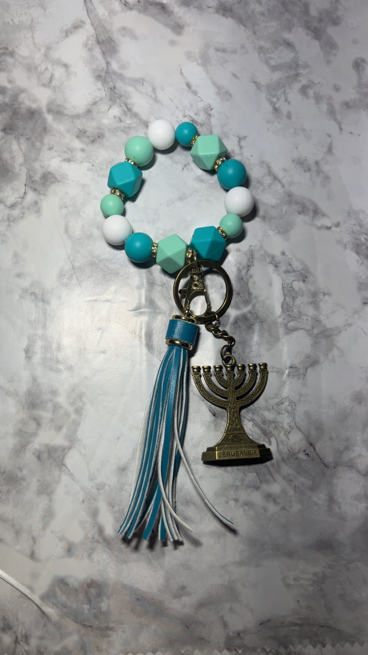 Teal and White Shades Wristlet with Jerusalem Keychain 9 5/8-inch inch Stretchy Beaded Tassel Accessory for Versatile Use as Purse Charm Wallet Holder Keychain Organizer