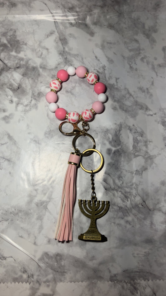 Pink and White Shades Shades Wristlet with Jerusalem Keychain 9 5/8 inch Stretchy Beaded Tassel Accessory for Versatile Use as Purse Charm Wallet Holder Keychain Organizer