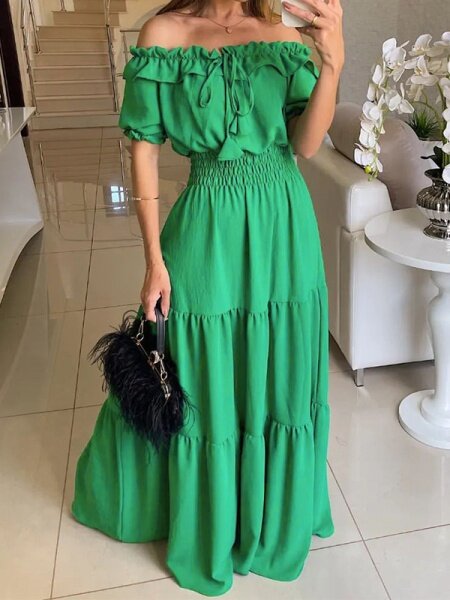 Off Shoulder Short Sleeve Long Dress