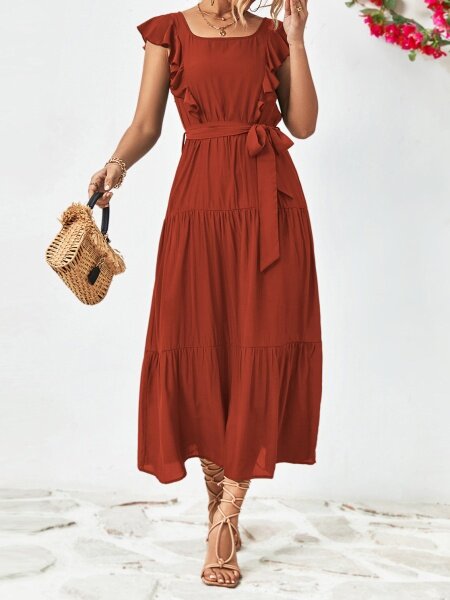 Women's Clothing Square Neckline Lotus Leaf Edge Dress