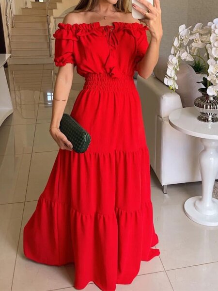 Off Shoulder Short Sleeve Long Dress
