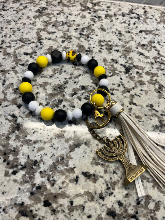 Black, Yellow and White Shades Wristlet w/ Jerusalem Keychain  13 15/16 inch circumference non strectchy
