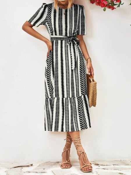 Wheat Printed Bubble Sleeve Loose Dress.