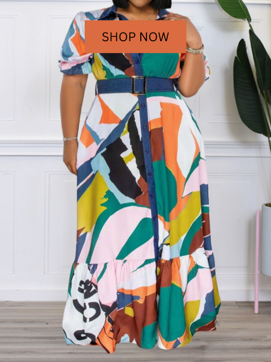 Colorful Printed Loose Dress With Belt