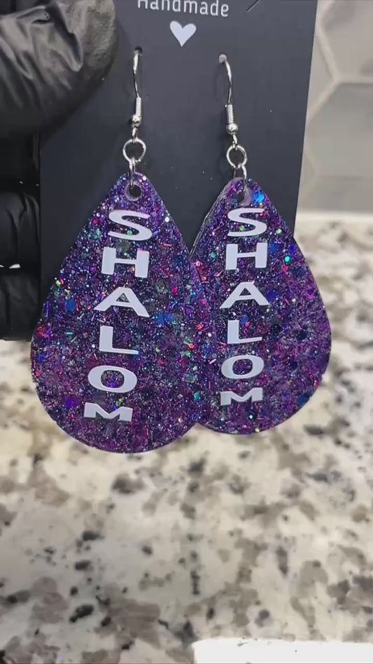Purple Glitter  Shalom Pre-Made Hand Crafted Tear Drop Earrings