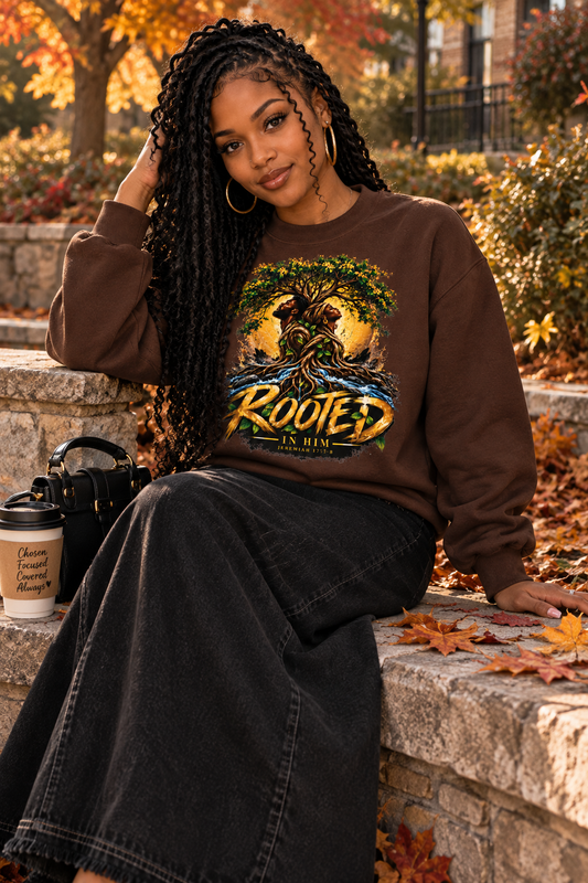 Rooted in HimCrewneck Sweatshirt — Jeremiah 17:7-8 Biblically Inspired 'Rooted' Graphic Pullover